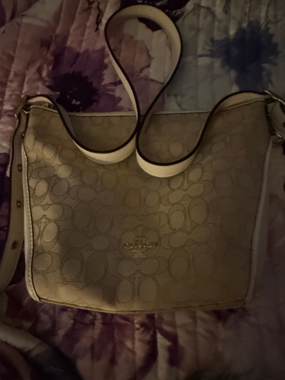 Coach Beige Signature Canvas Shoulder Bag with White-Trim Strap